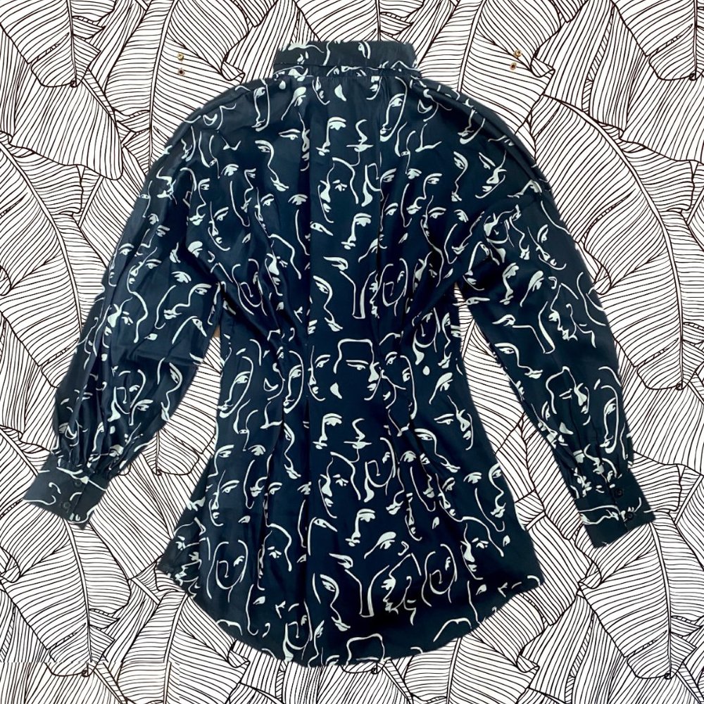 Aikha Black Faces Long sleeve Satin Mini Shirt Dress - Picture 2 of 4